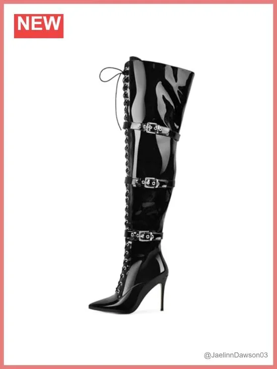 Over-the-Knee Stiletto Boots with Adjustable Buckles and Laces