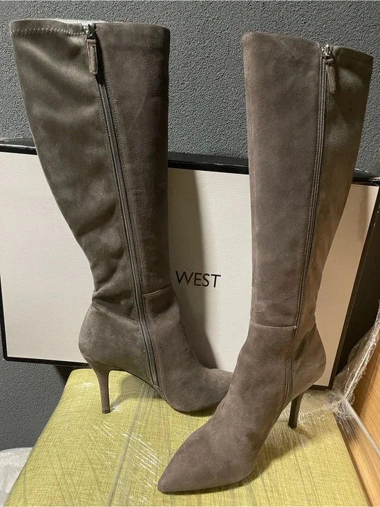 NEW Nine West Fallon Gray Suede Knee high Pointed-Toe Stiletto Boots