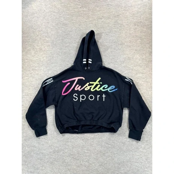 Justice Sport Girls Black Rainbow Glitter Graphic Cropped Hoodie Size S