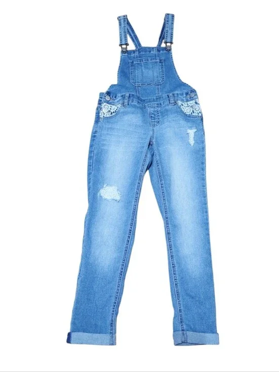 Justice Girls Size 8 Denim Overalls Lace Distressed Skinny Jeans Adjustable