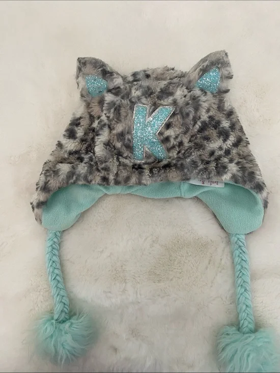 Justice Faux Fur Animal Ear Hat with Aqua Lining and Glitter 'K'