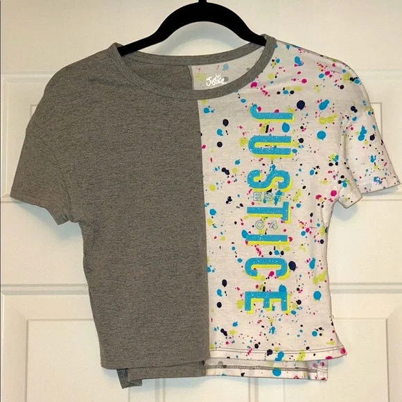 Justice Kids' Girls Splatter T-Shirt SM Gray White Sparkle Colorful Casual