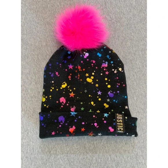 Justice Girls Black Rainbow Foil Star Splatter Beanie Pink Pom Pom Hat 27849915