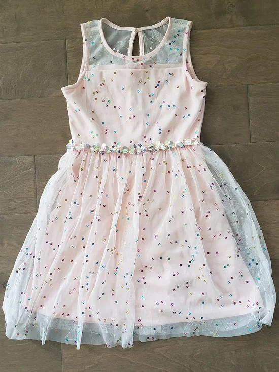 Justice Pink Sequin Floral Waist Tulle Dress 7Y