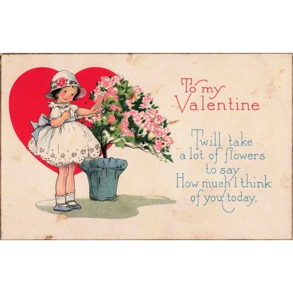 Valentine Postcard 1932 Girl Pink Flowers Series 1662B Massillon Ohio