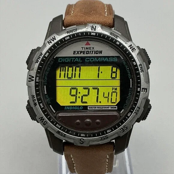 Timex Expedition Mens Watch 42mm Green Digital Brown Leather Compass New Battery