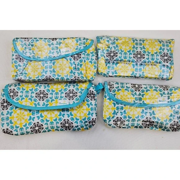 Pampers Diaper Clutch‎ Teal Yellow Floral Medallion Travel Pouch Set 4 Pack New