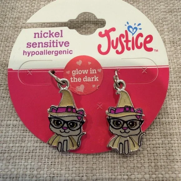 Justice Glow In The Dark Cat Witch Dangle Earrings Kids Nickel Sensitive‎ Enamel