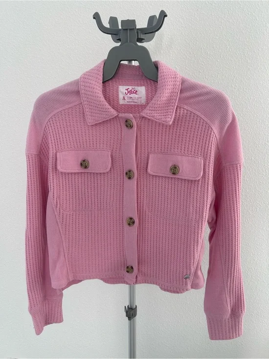 Justice Pink Waffle-Knit Button Front Jacket