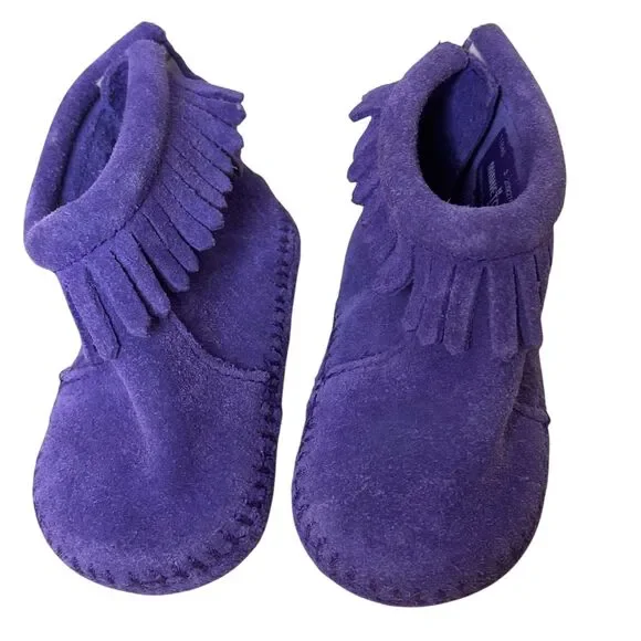 Minnetonka Infant Suede Fringe Moccasins Booties Shoes Girl Purple 3