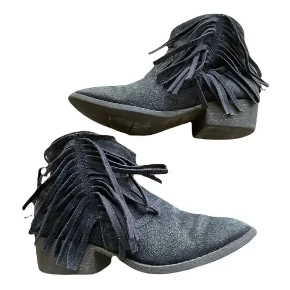 Justice Girls Boots Size‎ 4 Booties Black Faux Suede Ankle Fringe Western