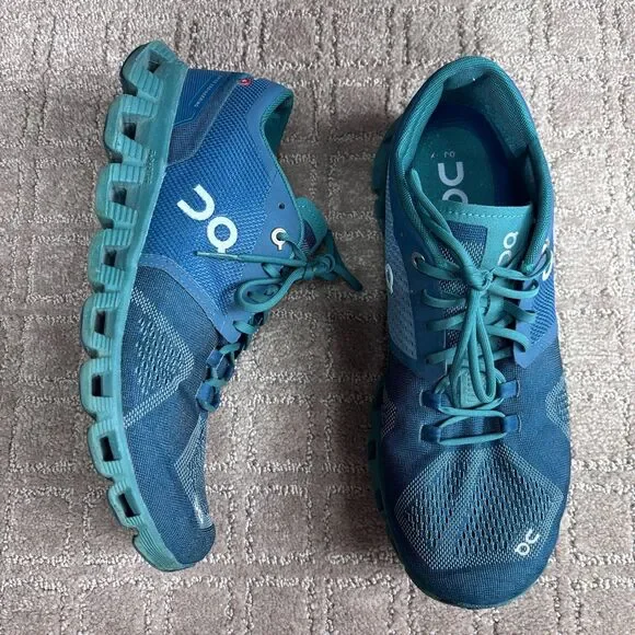 On Running Cloud X Sneakers Mens 8.5 Teal Blue Lace Up Train Athletic Mesh Gym