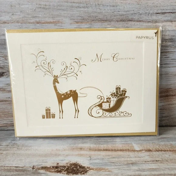 Papyrus Christmas Card Gold Foil Reindeer Sleigh Holiday Greeting Hilary Yafai