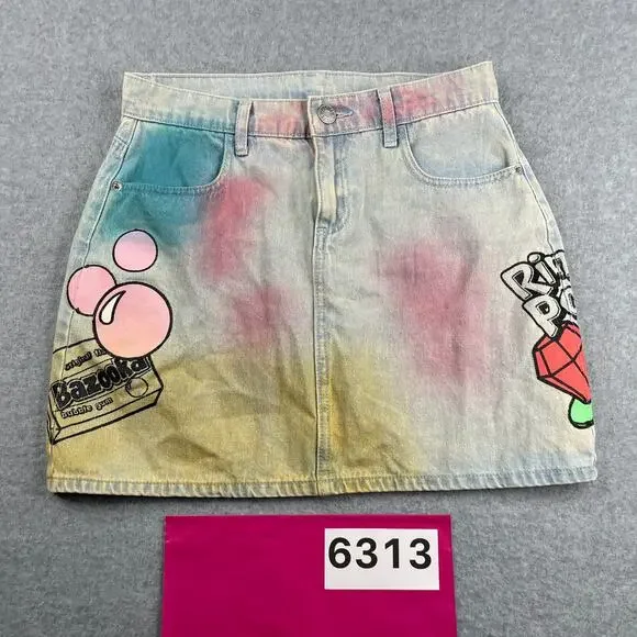 Justice Jean Skirt High Rise Ring Pop Bazooka Gum Colorful Logo Lined Size 16