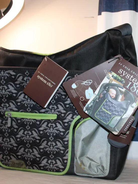 JJ Cole System 180 Diaper Bag Black Damask Green NWT Complete Set