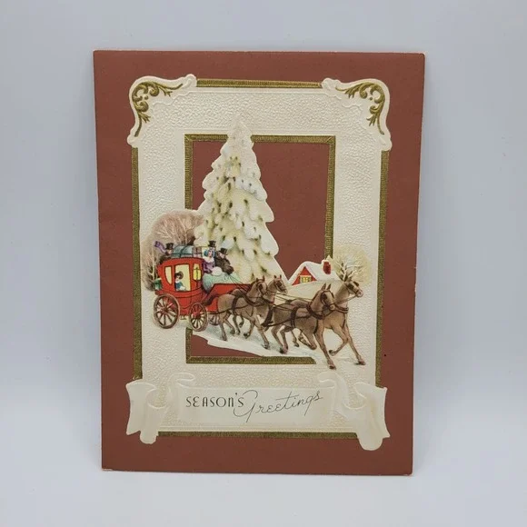 Vintage Seasons Greetings Card Horse Drawn Carriage Christmas Tree‎ Signed
