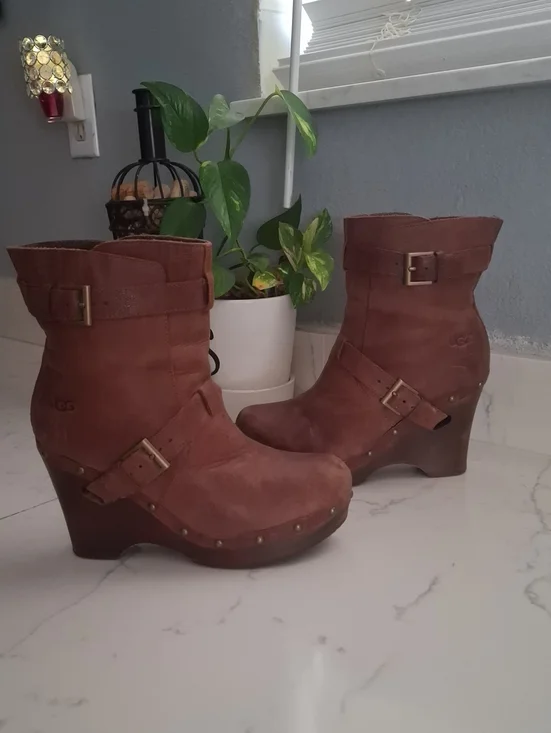 UGG Women's Brown Leather Wedge Booties with Buckle Detail