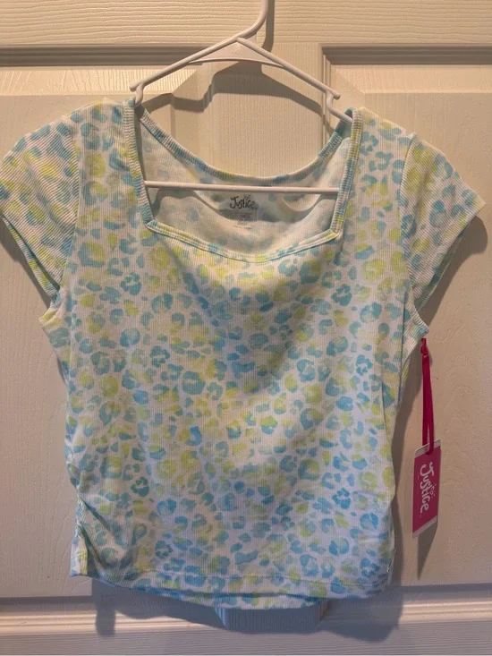 Justice Blue & Green Leopard Print Ribbed Tee