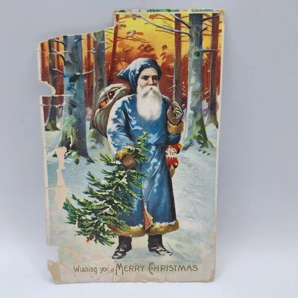 Antique German Santa Claus Christmas Postcard Blue Coat Merry Early 1900 Holiday