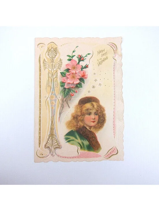 Antique Valentine Blonde Girl Green Coat Pink Flowers Embossed Bifold UNSIGNED