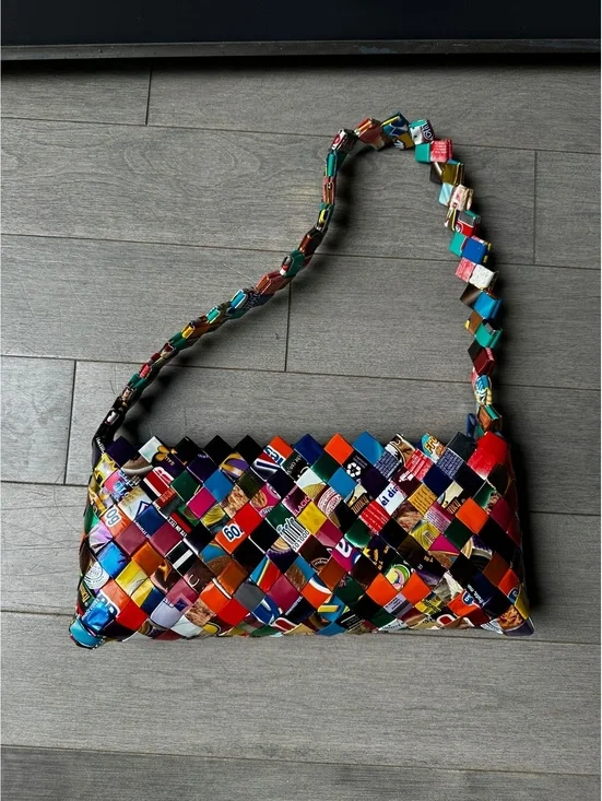 Handwoven Multicolor Recycled Paper Candy Gum Wrapper Shoulder Bag Purse