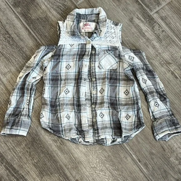 Justice Girls Plaid Lace Trim Cold‎ Shoulder Long Sleeve Shirt Cowgirl Size 8
