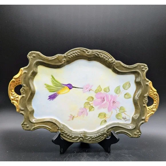 Vintage Hand Painted Porcelain Dresser Vanity Tray Hummingbird Flower‎ 12.5