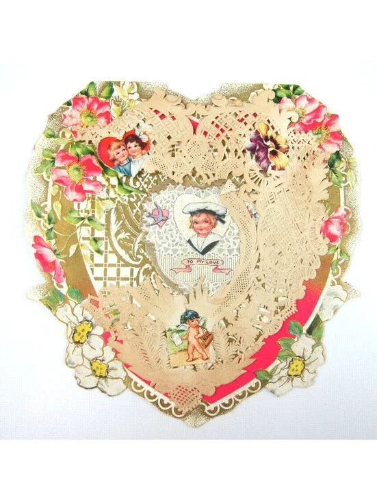 Antique Valentine Die cut Heart LARGE Boy Sailor Angel Girl Fishing UNSIGNED