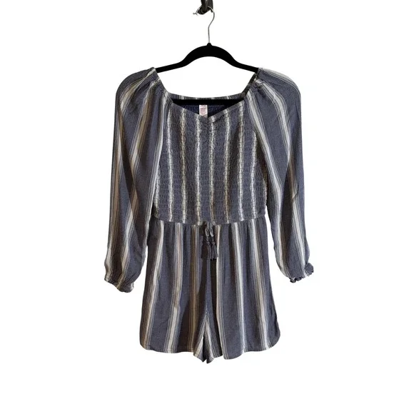 Justice Romper Blue 12 Kids Striped Smocked Long Sleeve Boho Casual Shortie