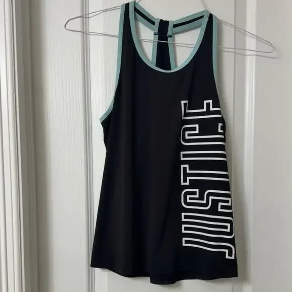 Justice active tank top teal trim Hustle logo graphic size 12