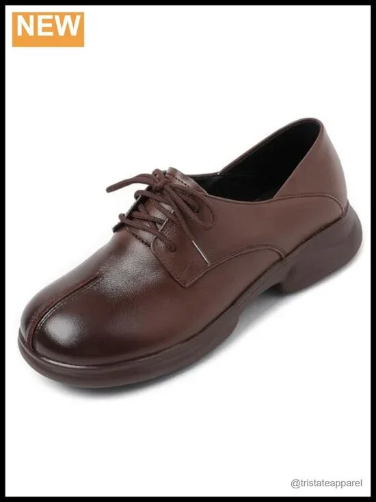 Vintage Leather Platform Oxfords Lace-Up Round Toe Non-Slip Walking Shoes