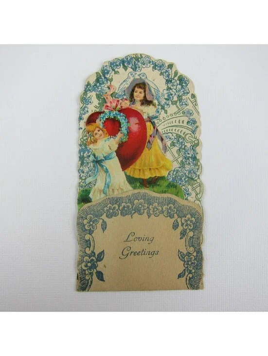 Vintage Valentine 3D Pop Up Die Cut Girls Red Heart Arrow Blue Flowers & Doves