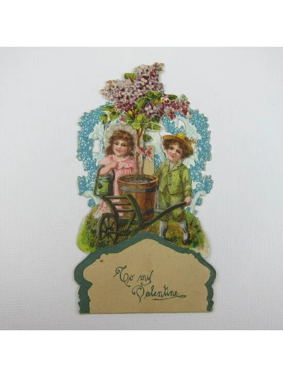 Vintage Valentine 3D Pop Up Die Cut Boy & Girl Pink Planting Tree Wheel Barrow