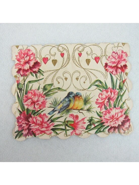Vintage Valentine Card Pink Carnation Flowers & Blue Birds Gold Scroll Hearts