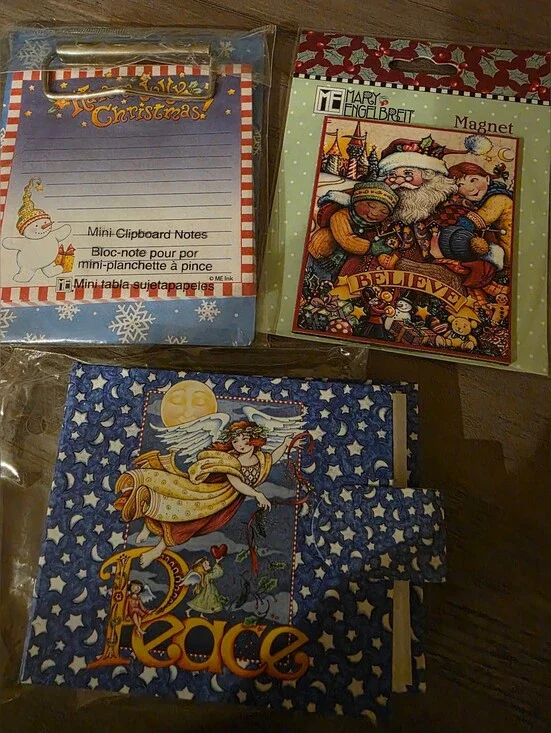 3 Piece Lot Mary Engelbreit 'Believe' Holiday Magnet-Mini Clip Board-Photo Book
