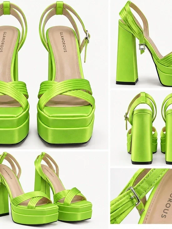 Glamorous Neon Lime Green Satin Platform Block Heels