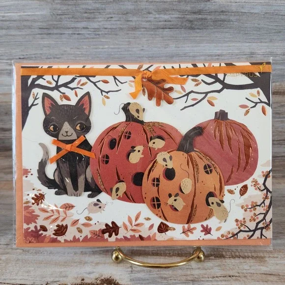 Papyrus Halloween Card Black Cat Mice Pumpkins Teagan White Glitter Foil Ribbon