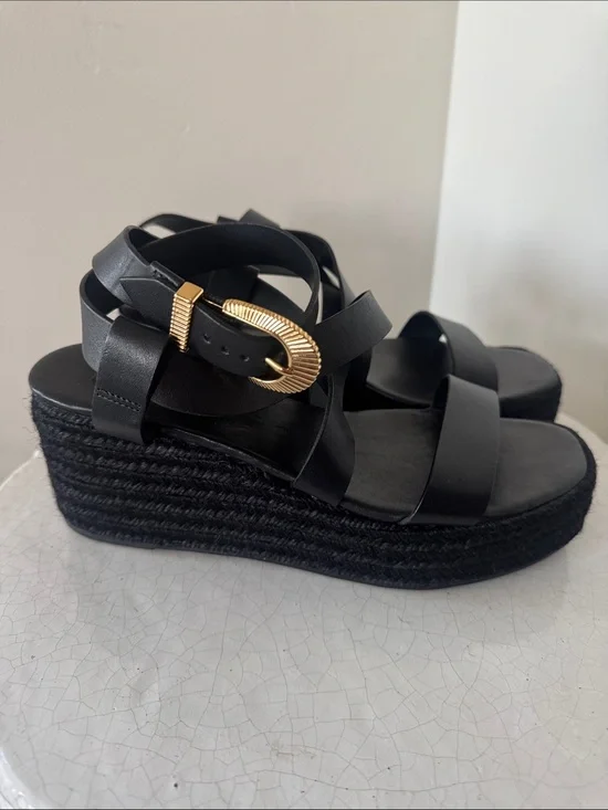 Schutz Harper Platform Raffia Wedged Black Leather Sandals Gold Buckle Size 7.5