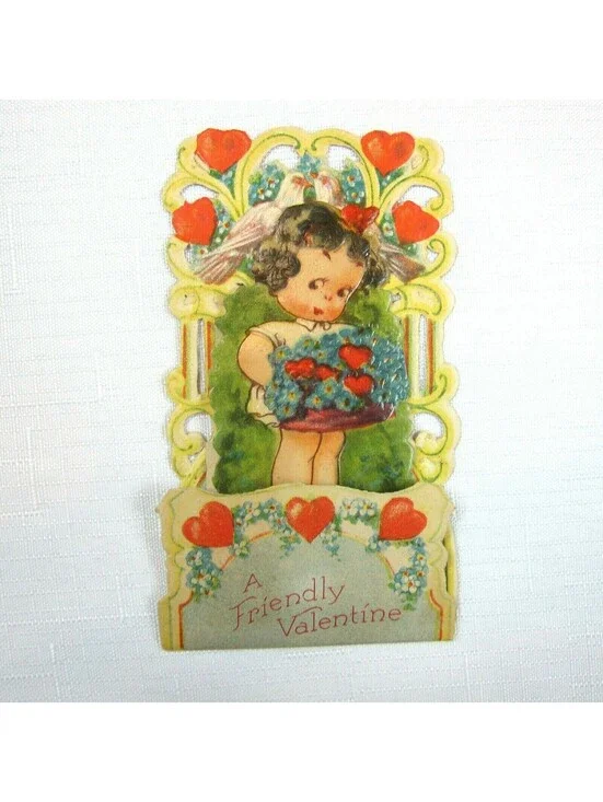 Vintage Valentine Pull Down Die Cut Girl Flower Basket Stand Up Germany 1920-30s