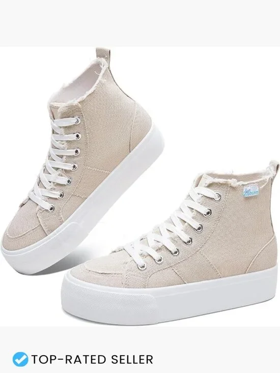 High Top Platform Canvas Sneakers Women Mid Calf Fashion Casual Lace Up Skate