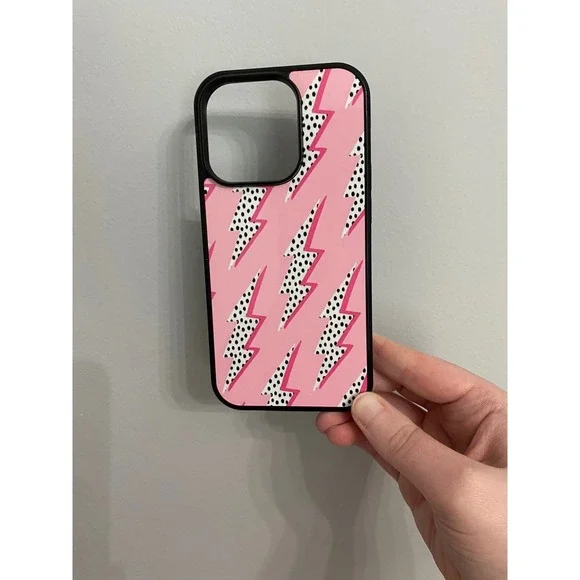Lightning Bolt iPhone 14 Pro Case Unisex One Size‎ Pink Polka Dot Preppy Bumper