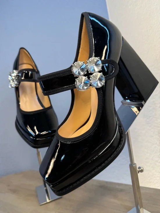 Goth Halloween Black Patent Platform Mary Jane Crystal Buckle Sz 9