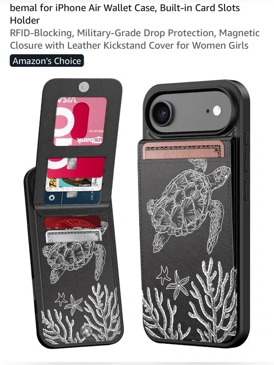 Black Wallet Phone Case with Sea Turtle Design for iPhone 17 AIR