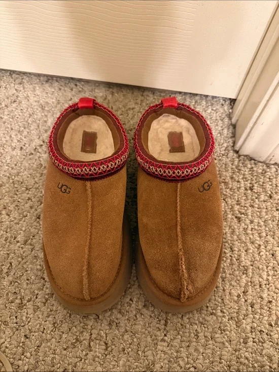 UGG Chestnut Brown Suede Slip-On Clogs with Red Trim