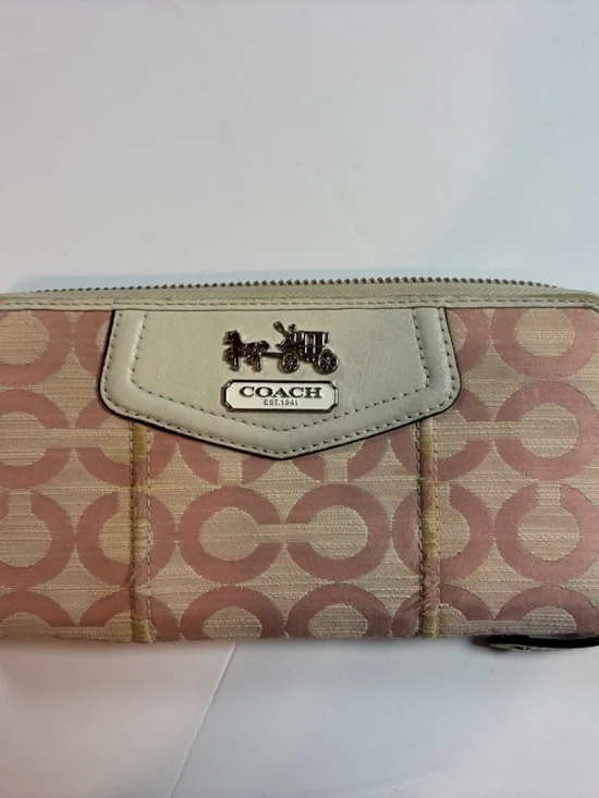 Coach Pink and Cream Signature Zip Wallet with Horse & Carriage Plaque