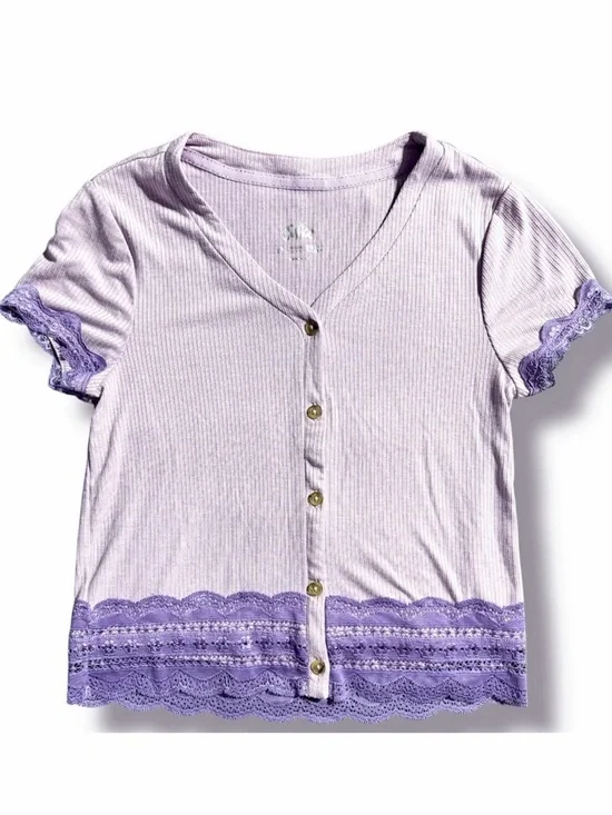 Big Girls JUSTICE Lace Trim Tee Button Up Top Size 14 Lavender Purple