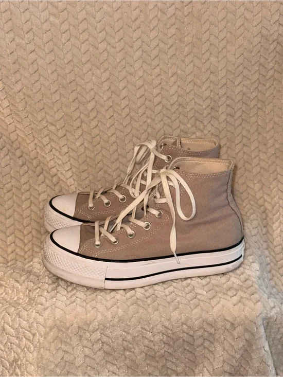 High-Top Platform Canvas Sneakers in Beige and White