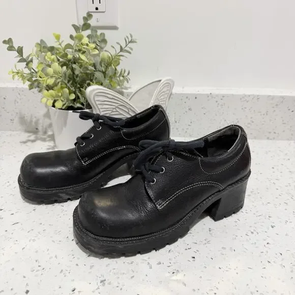 Vtg 90s Y2k Chunky Platform Oxfords Lace Up Mary Jane Heels 6.5