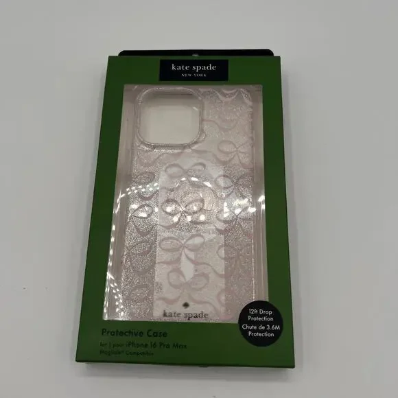 KATE SPADE Clear Glitter Soft Pink Bow iPhone 16 Pro Max Case- MagSafe