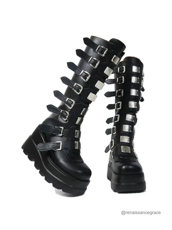 Faux Leather Platform Chunky Heel Knee High Boots Goth Combat Punk